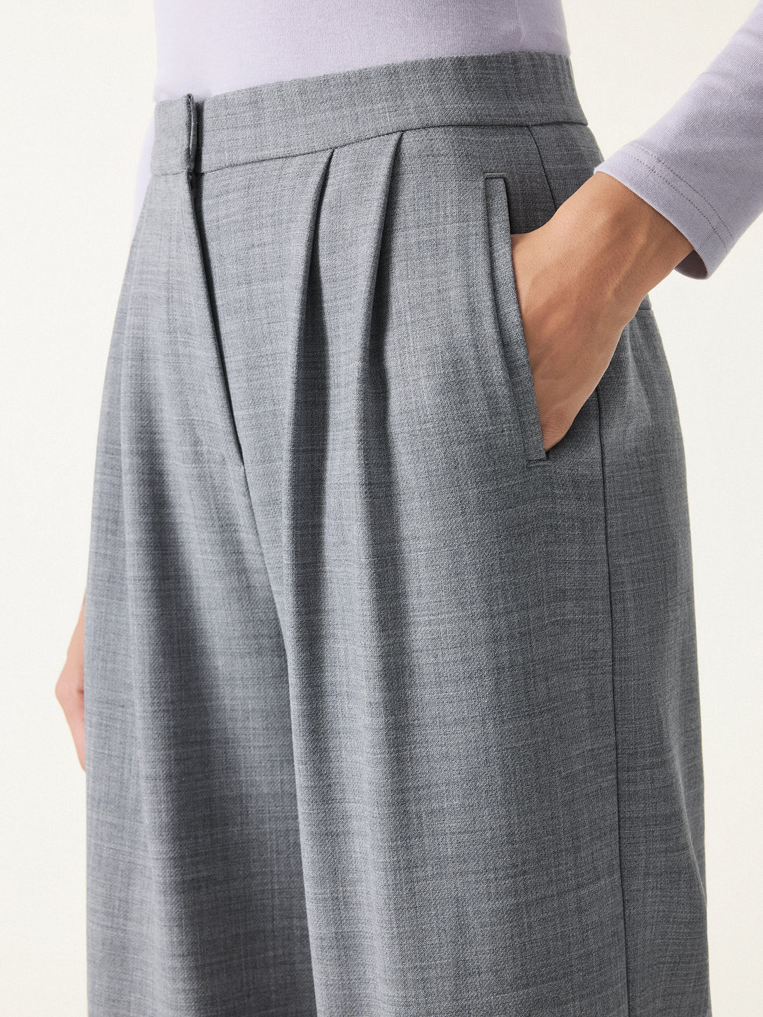 4-way Stretch Wool Mid Rise Pleated Wide Leg Trousers with Pockets
