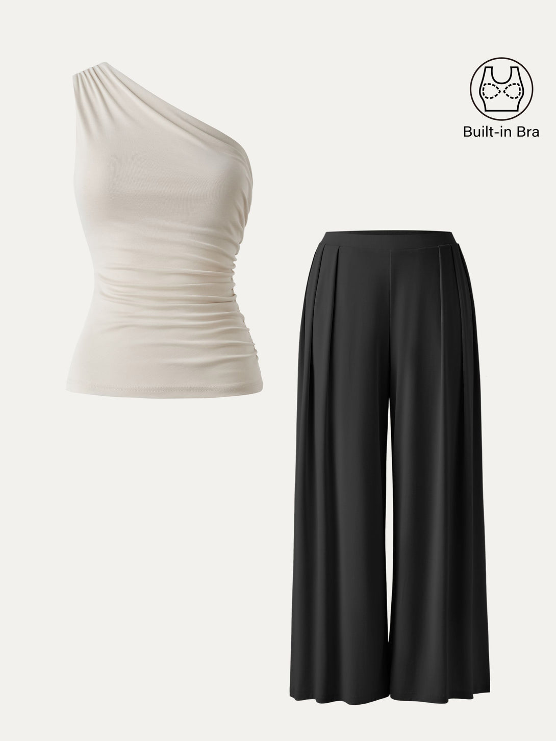 2Pcs Set Sandwashed Ruched Brami & Mid Rise Wide Leg Palazzo Pants with Pockets Black/Morning Mist XS