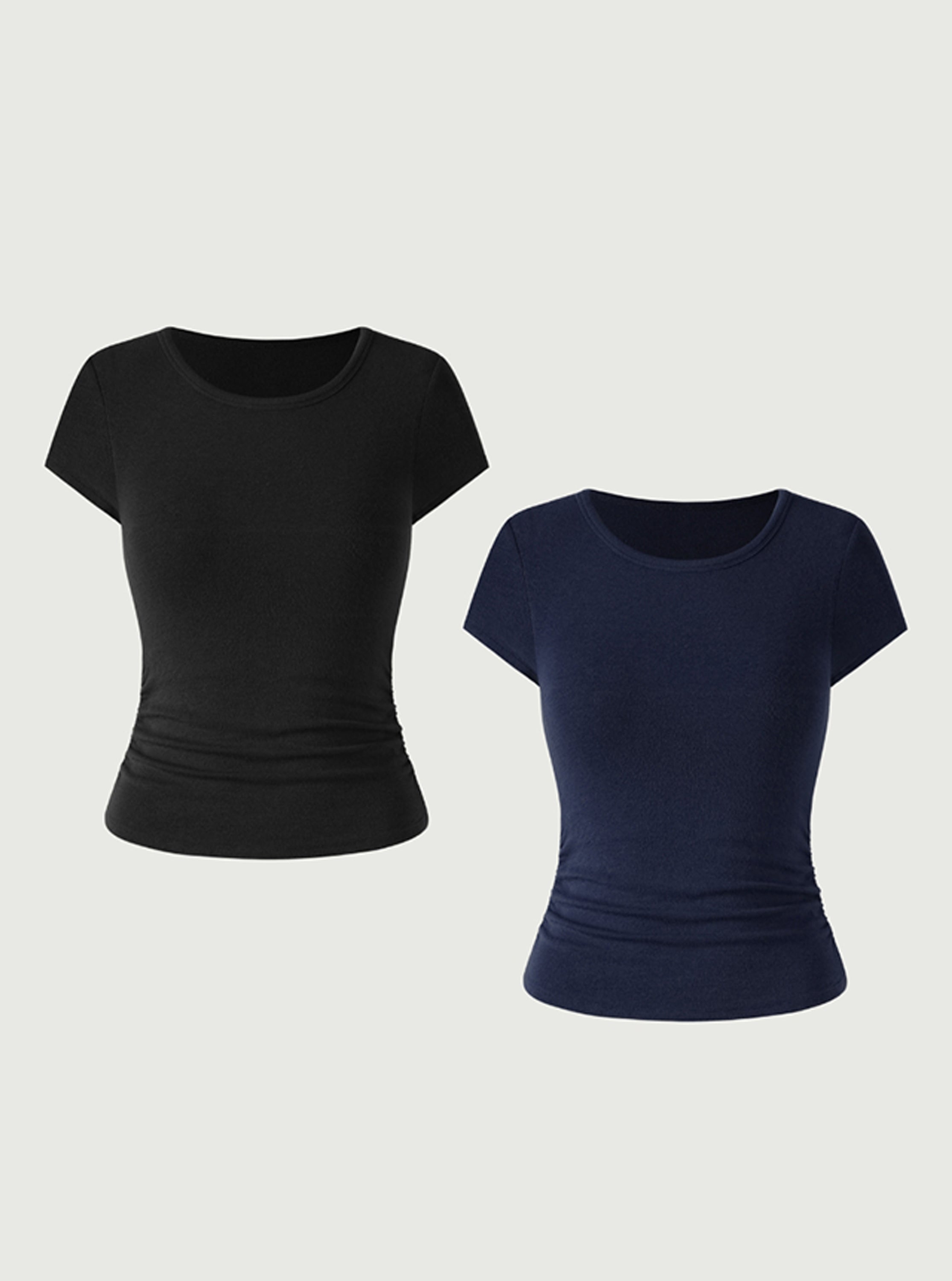 Eco-MiyaMoon® Round Neck Short Sleeve Brami Top 2Pcs Set - Black/Marine