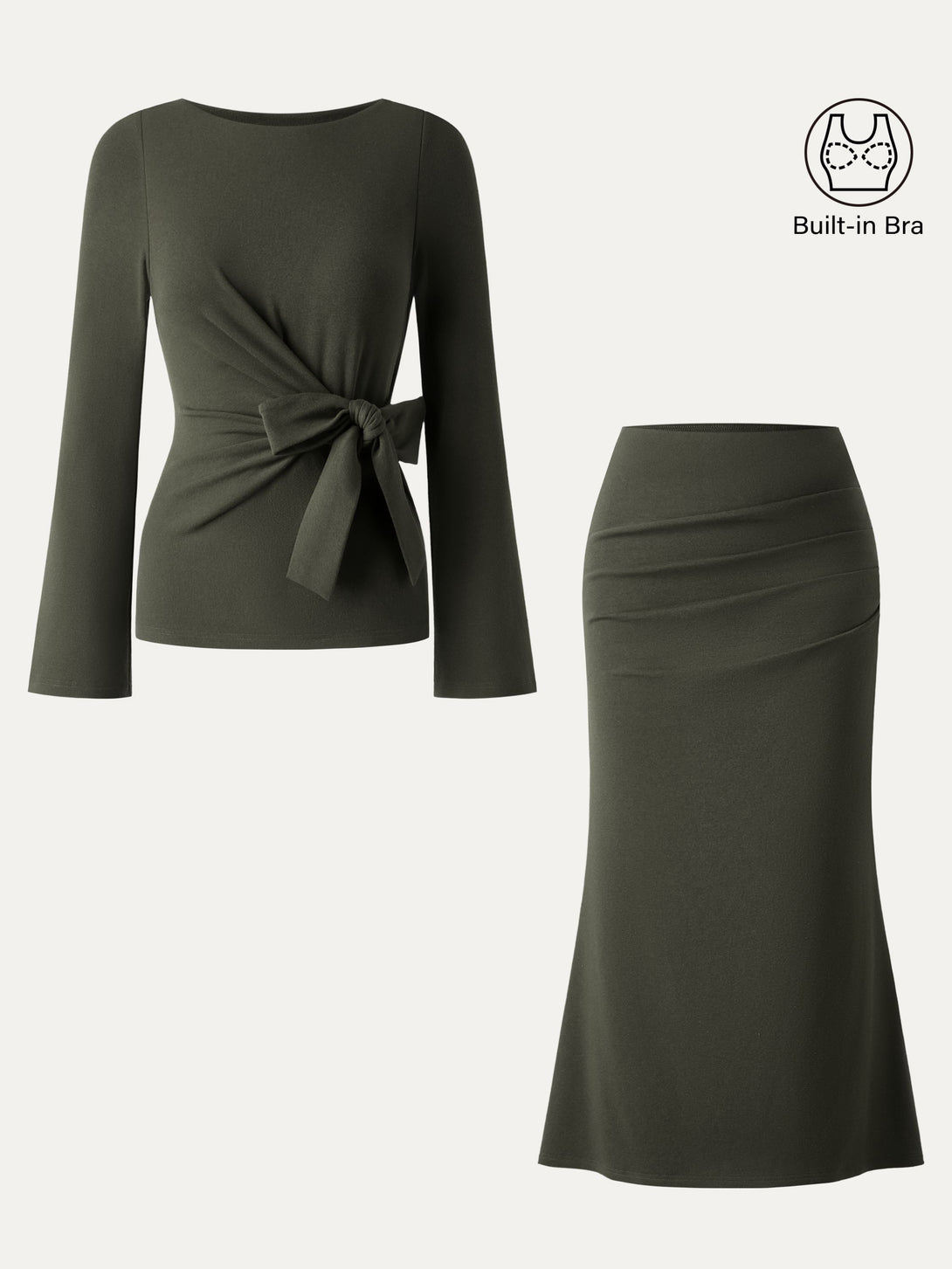 2Pcs Set Bow-Tie Belted Bell Sleeve Brami & Stretchy Tucked Flare Maxi Skirt Deep Olive XS