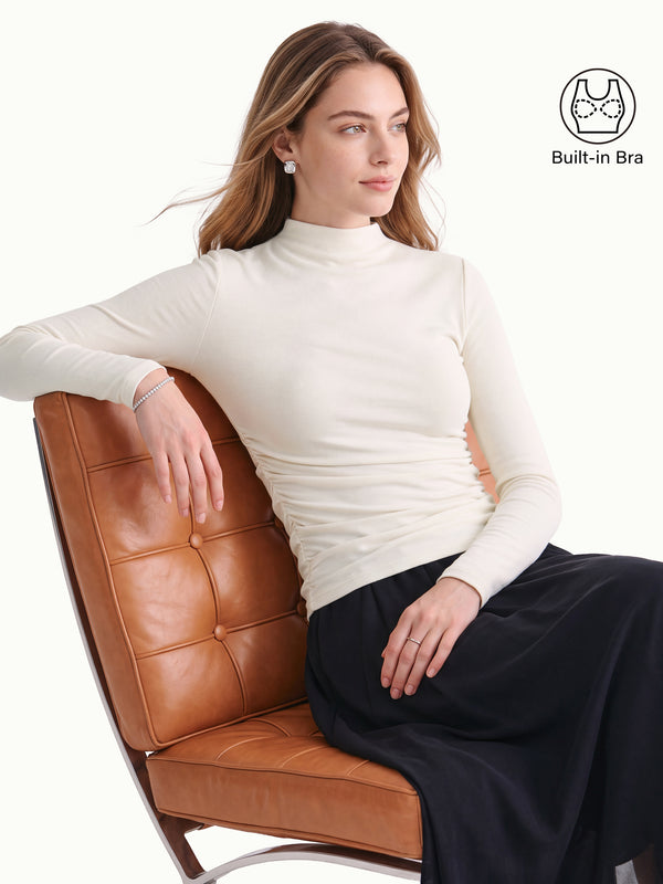 OGLmove ProWarm Mock Neck Long Sleeve Ruched Built-In Bra Top 2.0 Off White XXS
