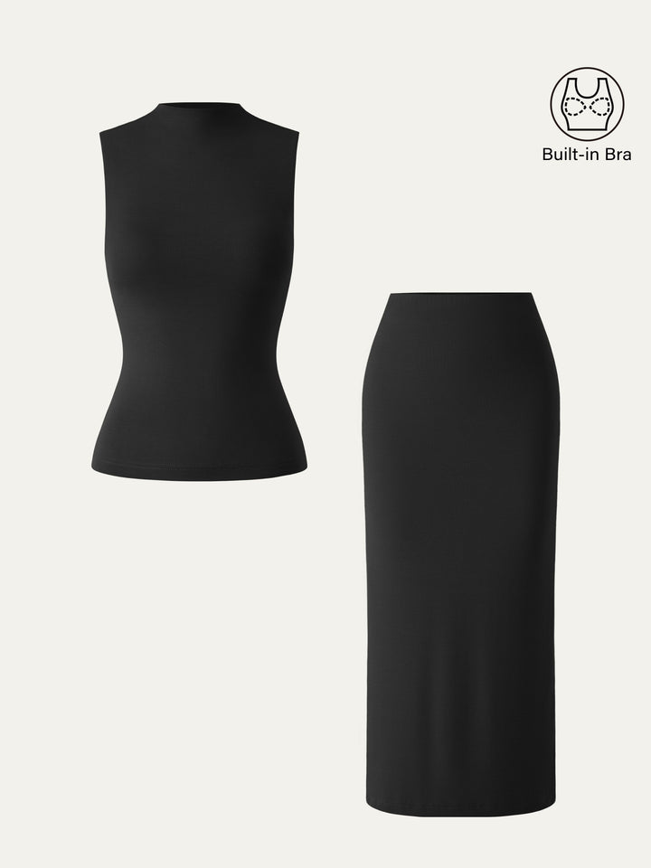 2Pcs Set Mockneck Brami Tank & Column Maxi Skirt Black XS