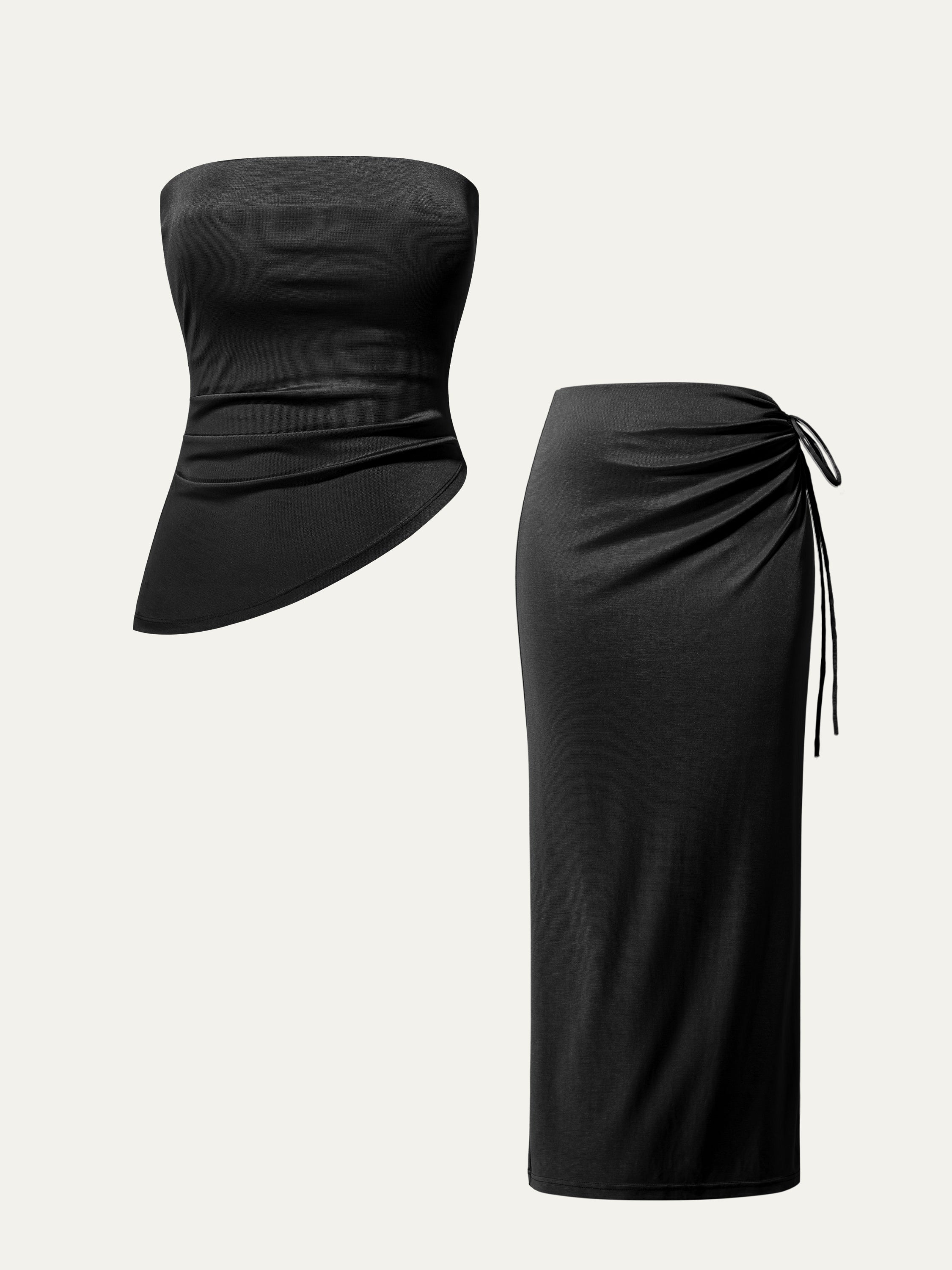 Silk-Like Acetate Tossa Brami Tube Top & Irisa Midi Skirt 2Pcs Set - Moss Olive