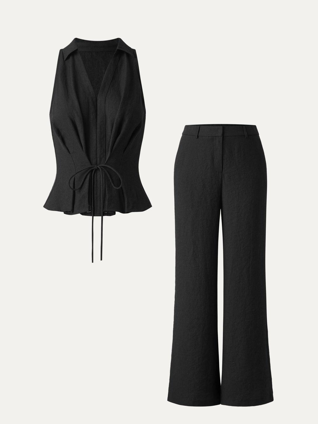 2Pcs Set Collared V-neck Sleeveless Top & Mid Rise Flared Pant with Pockets Black XS