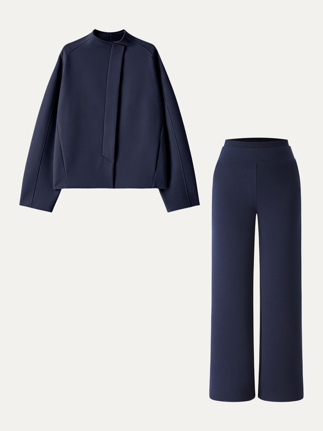 2Pcs Set Stand Collar Jacket & Double Waistband Straight Pants with Pockets Universe Navy XS