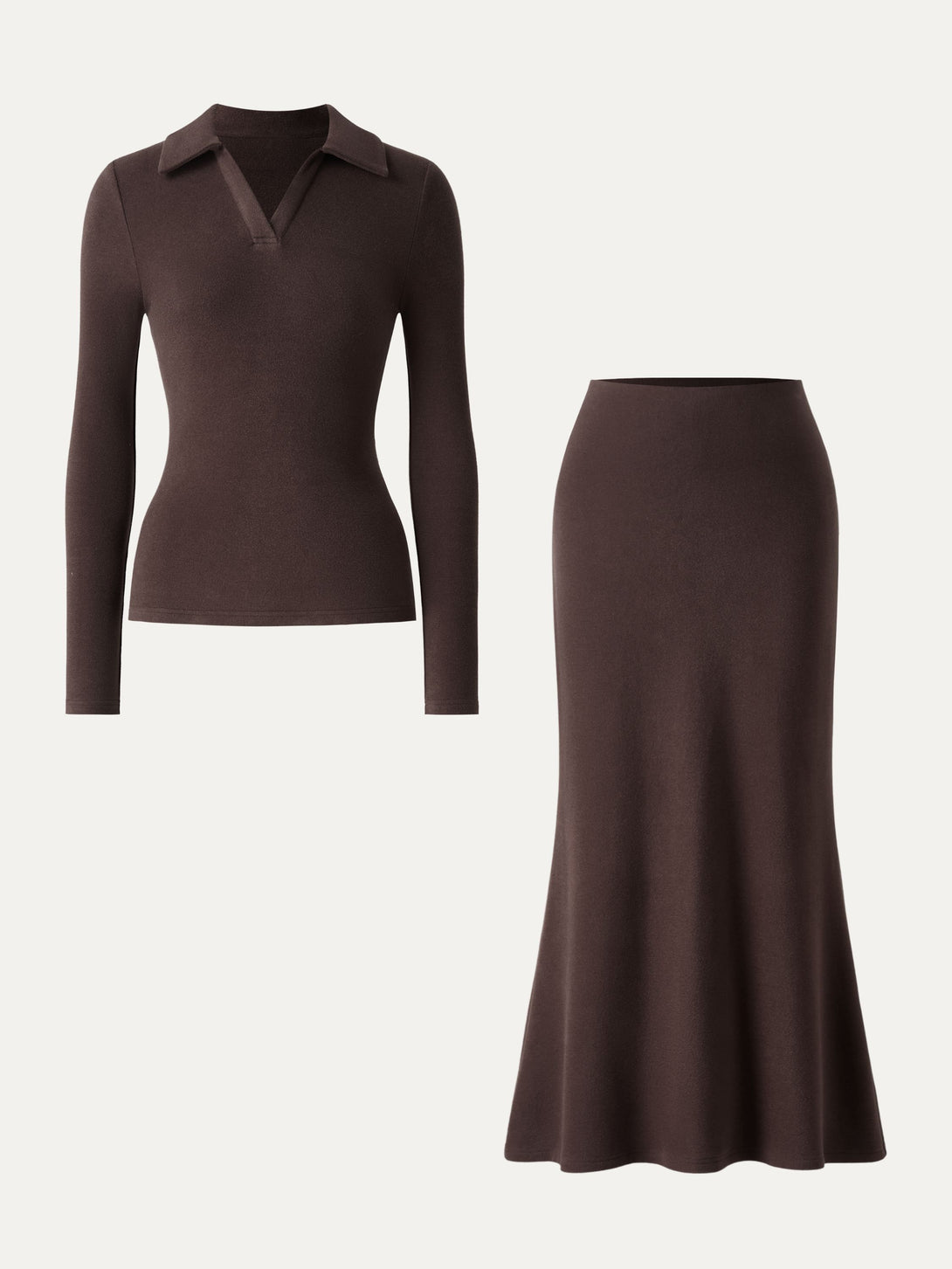 2Pcs Set MaxWarm Polo Neck Top & Tummy-Control Flared Maxi Skirt
