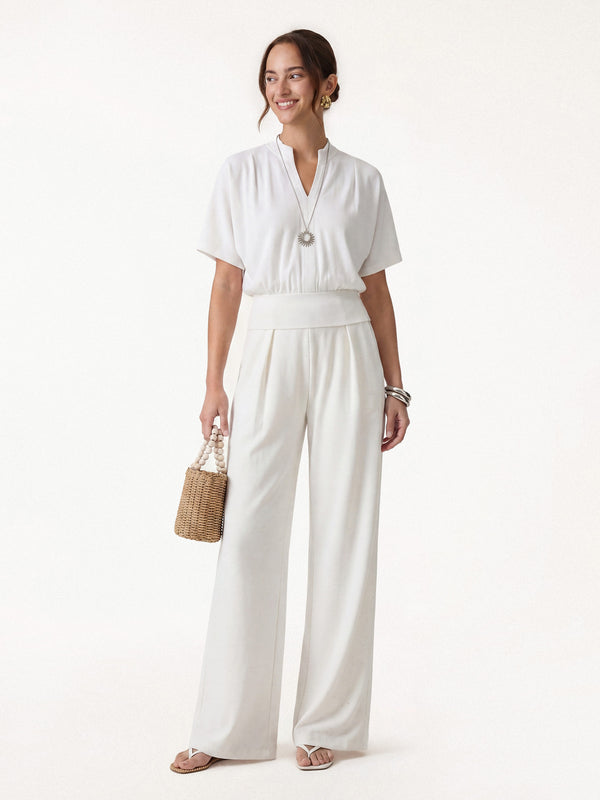 OGLmove 2Pcs Set Stand Collar V-Neck Top & Wide Flare Pant with Pockets White XS