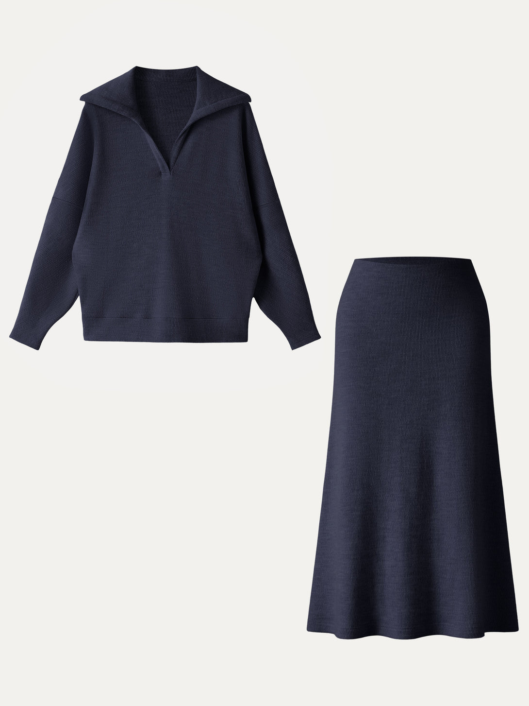 2Pcs Set Collared V-Neck Batwing Sleeve Pullover & Ribbed Midi Pull-on Skirt