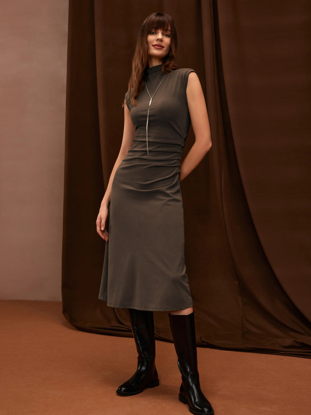 Mockneck Tucks Midi Dress