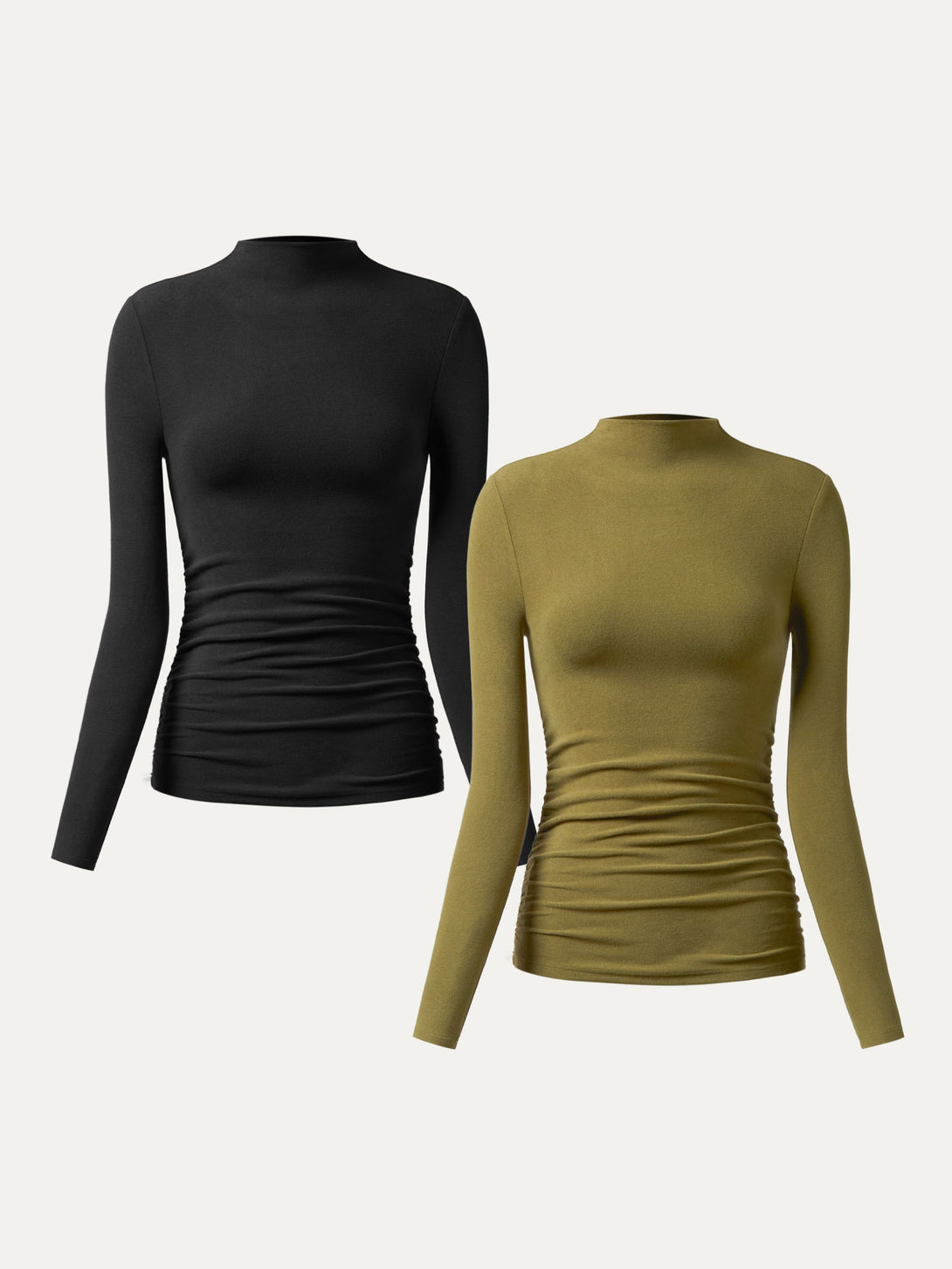 2Pcs Set Thermal Ruched Sides Tuckable Mockneck Top Black/Ginger Olive XS