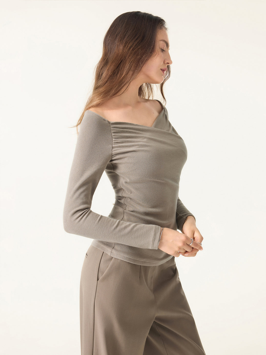 Light Warm Surplice Ruched Long Sleeve Top