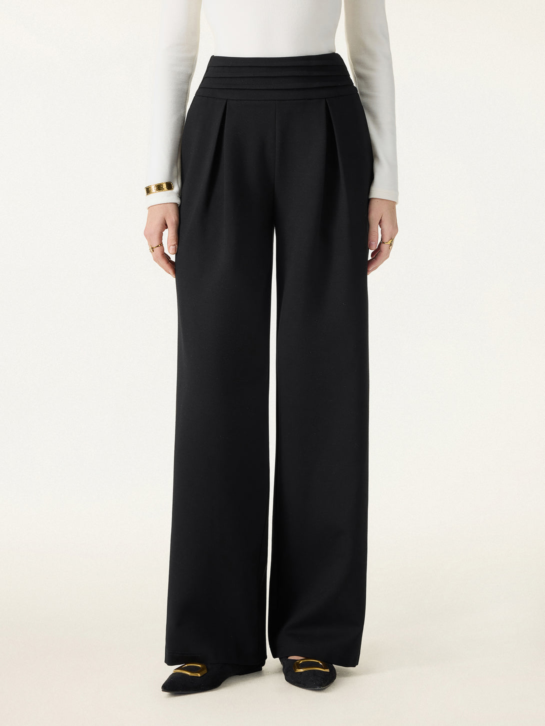 Chic High Rise Wide Leg Trousers with Pockets Black XS