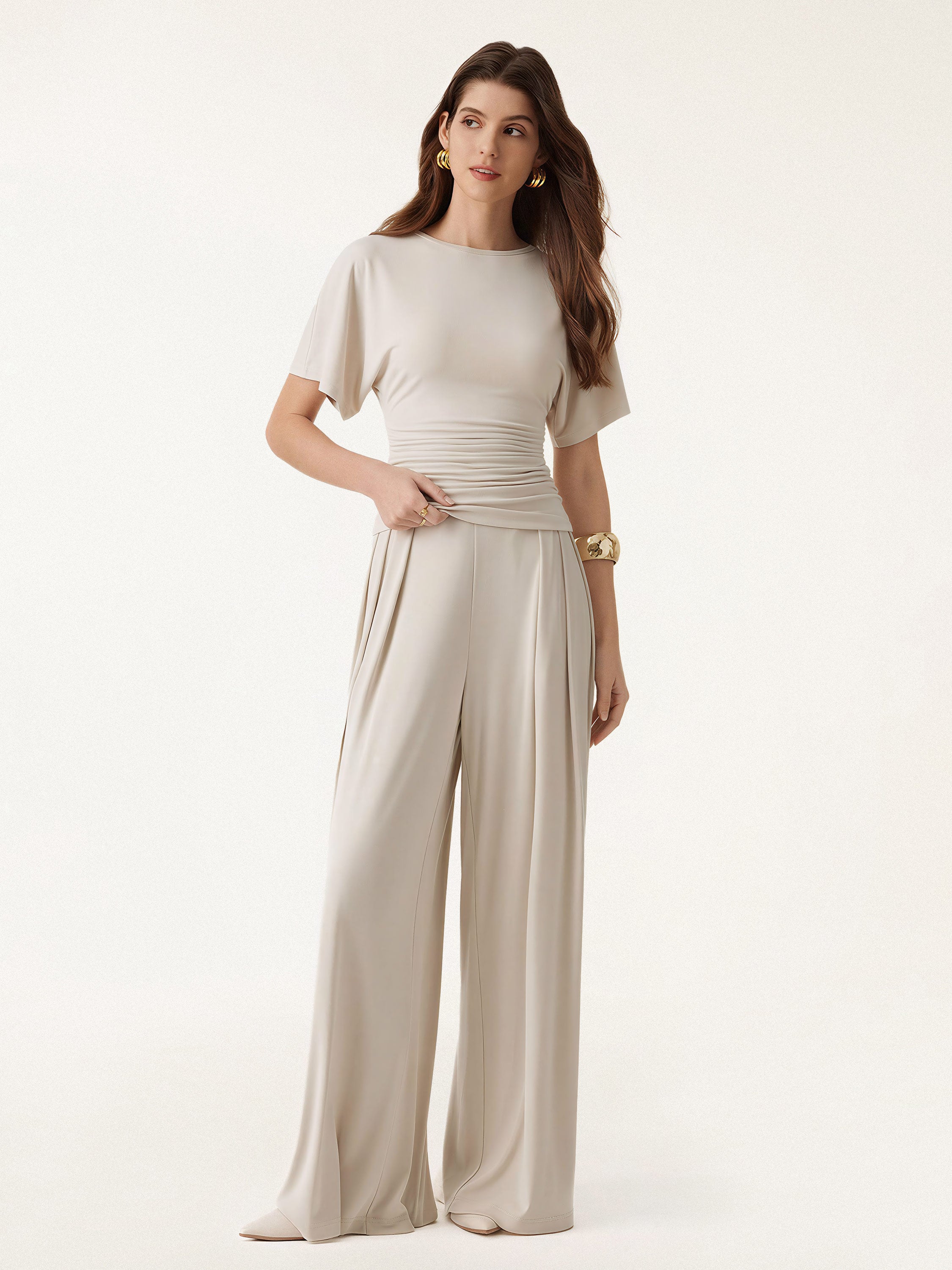 2Pcs Set Boatneck Batwing Sleeve Top & Wide Leg Palazzo Pant Pockets