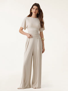 OGLmove 2Pcs Set Boatneck Batwing Sleeve Top & Wide Leg Palazzo Pant with Pockets Morning Mist XS