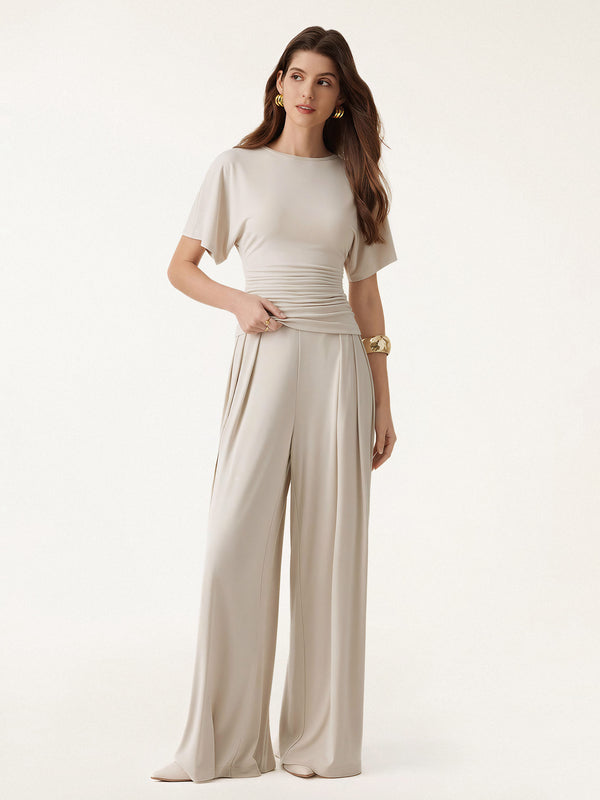 OGLmove 2Pcs Set Boatneck Batwing Sleeve Top & Wide Leg Palazzo Pant with Pockets Morning Mist XS