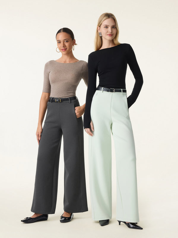 Stretch Cotton Blend Slimming High Rise Wide Leg Pants