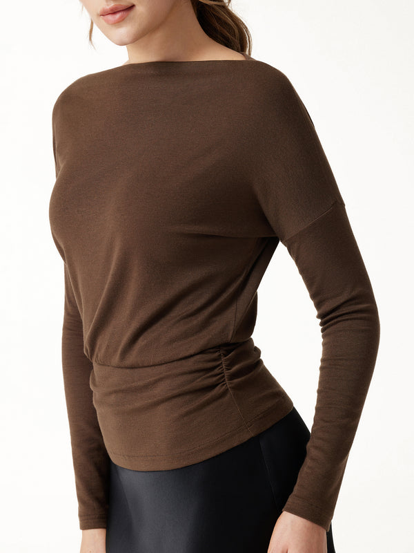 OGLmove Slash Neck Long Sleeve Ruched Banded Hem Top