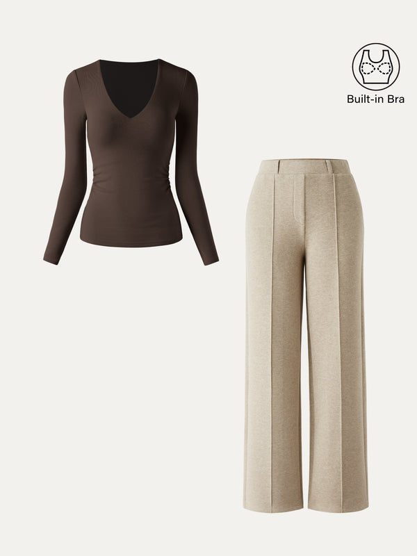 OGLmove 2Pcs Set V-Neck Side-Tuck Bra Top & High Waisted Straigh Leg Pant
