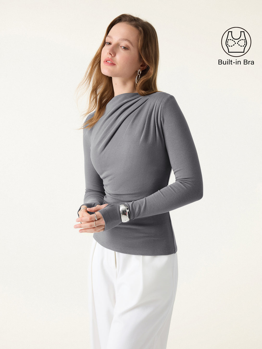 ProWarm Ruched Boatneck Long Sleeve Brami with Thumbholes