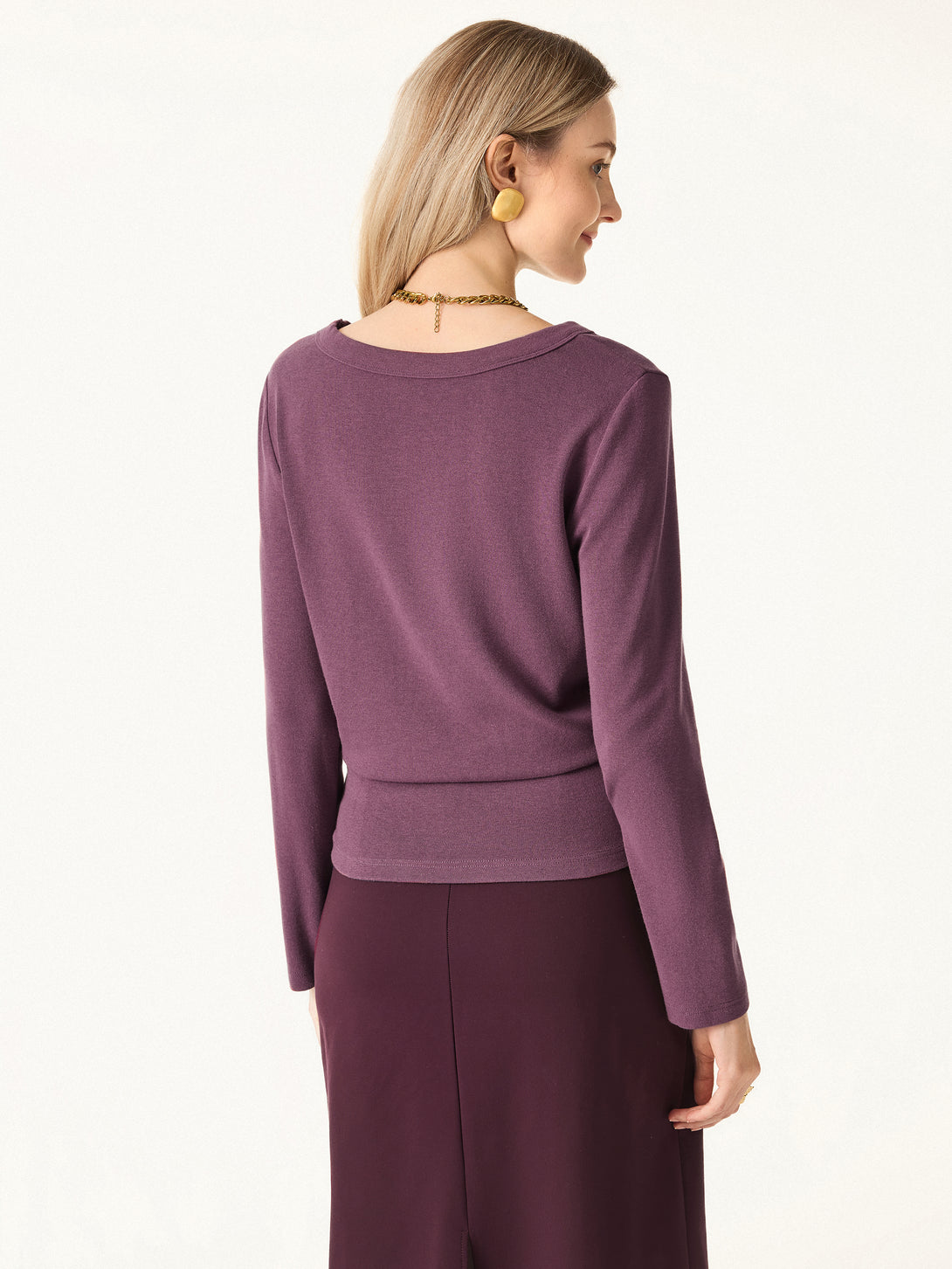 2Pcs Set V-neck Long Sleeve Top & A-line Midi Skirt with Zippered Pockets