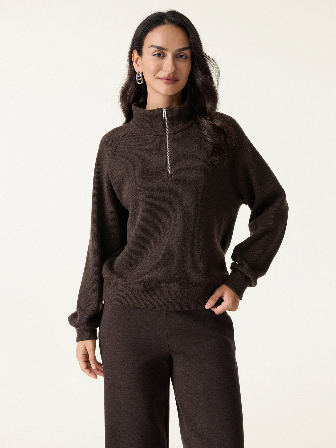 Cozy 1/4 Zip Mockneck Pullover Black Chocolate XS