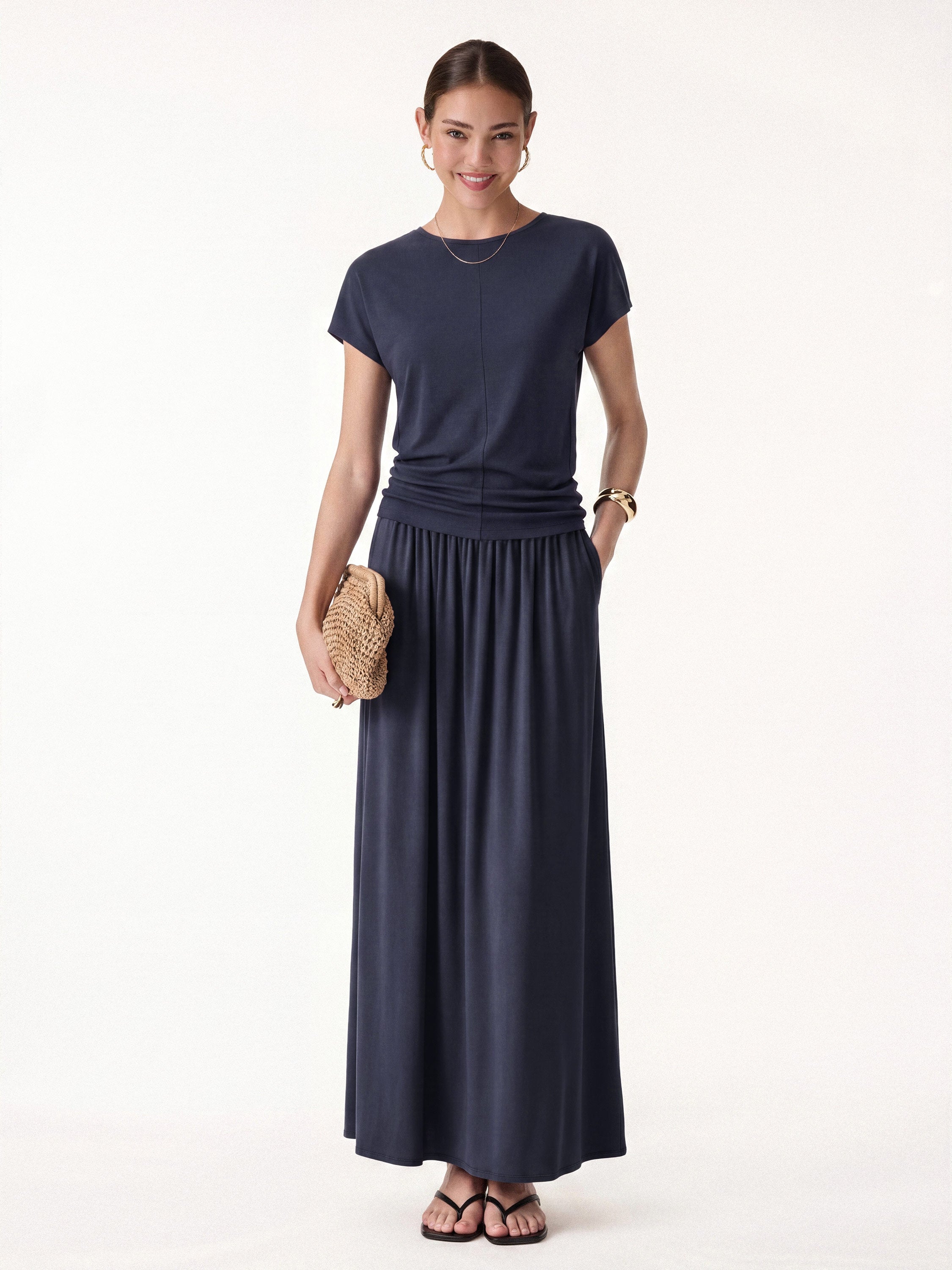 2Pcs Set Round Neck Top & Line Maxi Skirt Pockets