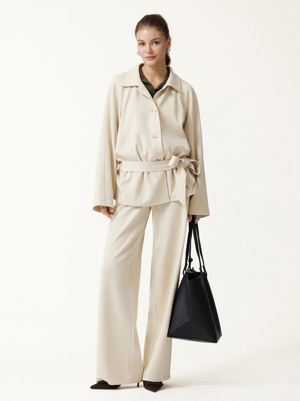 OGLmove 2Pcs Set Notched Collar Long Sleeve Belted Jacket & Mid-Rise Wide-Leg Pants with Pockets Wheat Beige XXS