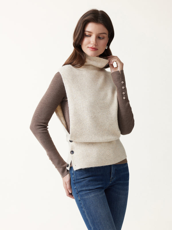 OGLmove Luxe Halo Wool Blend Slouchy Turtleneck Sleeveless Side-Button Sweater Vest
