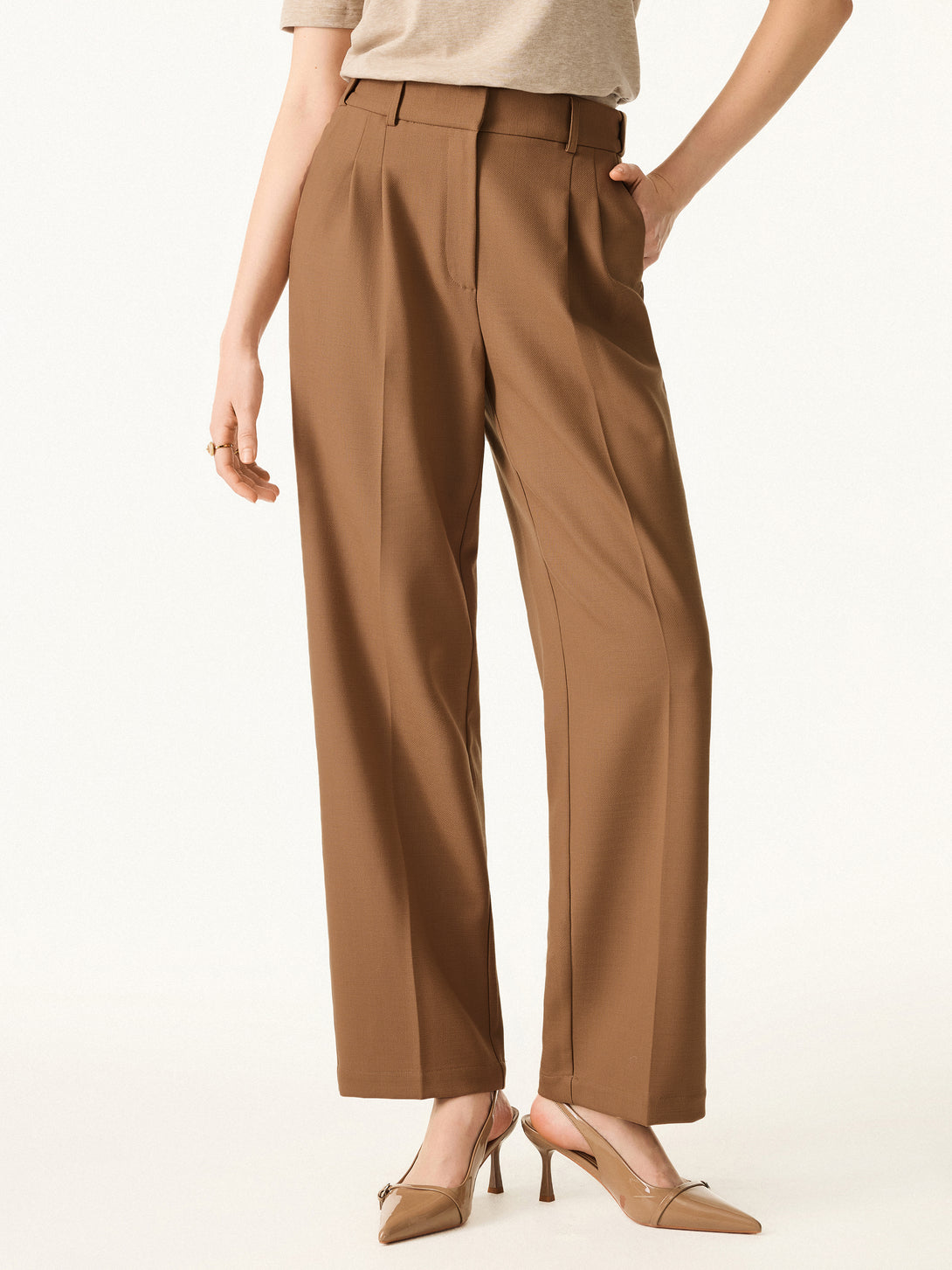 Stretch Wool High Rise Straight Leg Trousers with Pockets