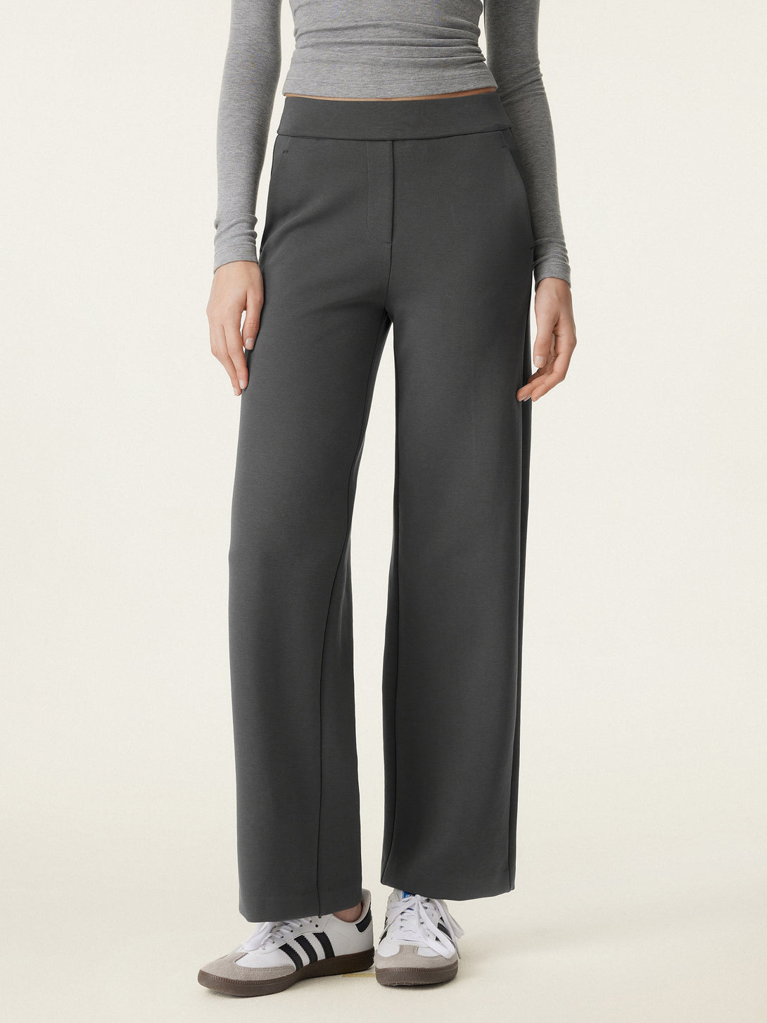 Textured Mid Rise Pull-on Straight Pant with Pockets Deep Grey XS