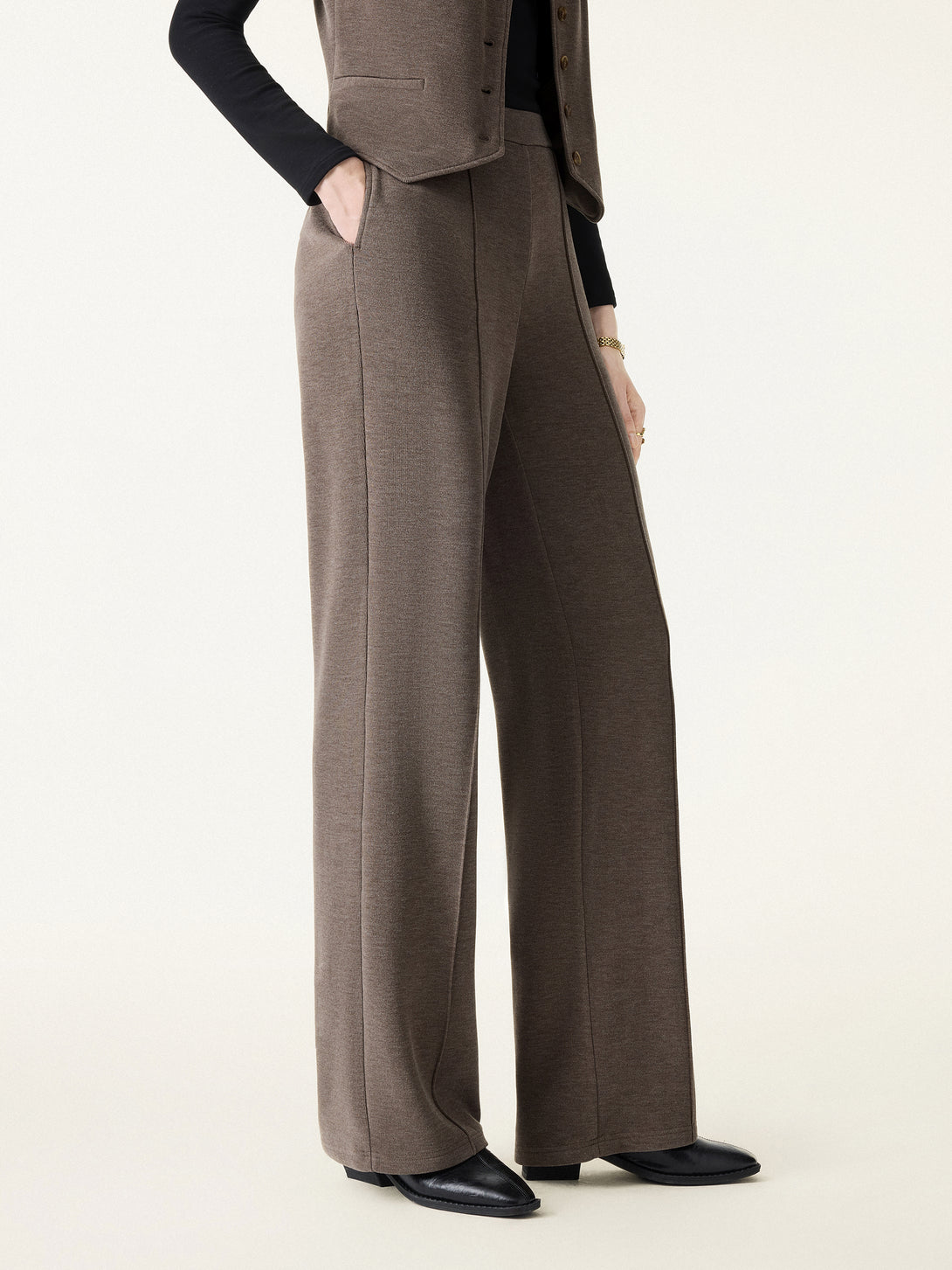 Brushed Warm High Rise Pintuck Straight Leg Pull-on Pants