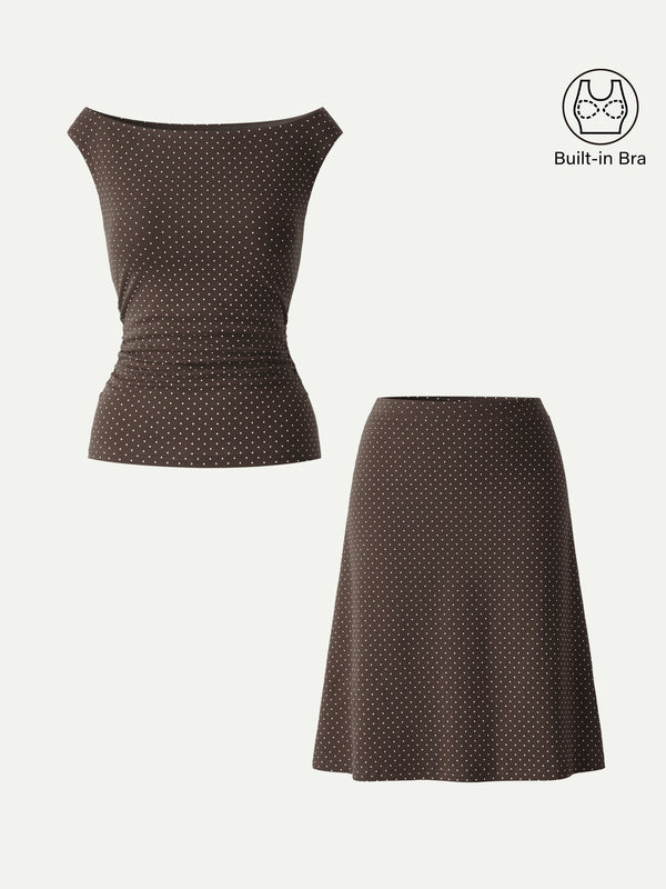 OGLmove 2Pcs Set Polka Dot Boatneck Bra Top & A-Line Flare Skirt Limited Edition Brown/White Polka Dot XS