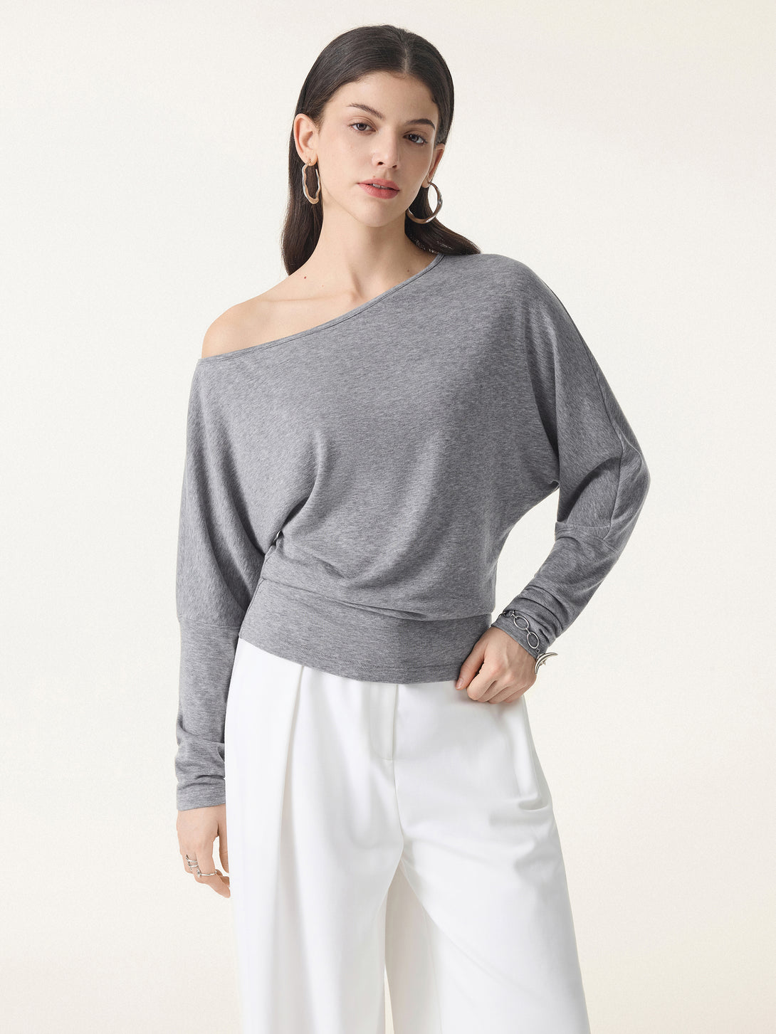 Lyocell Cashmere Cold-Shoulder Semi-Sheer Top Heather Grey S