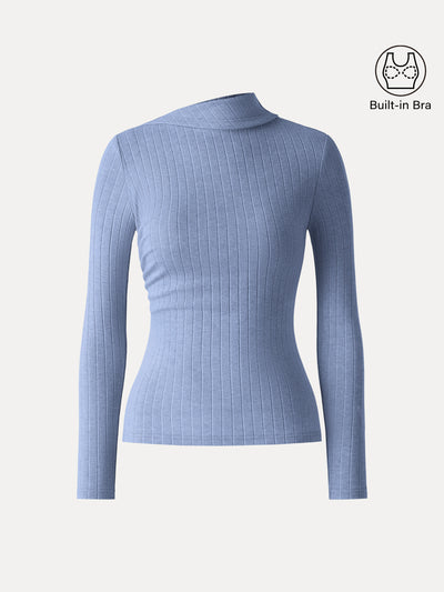 Wide Ribbed Asymmetrical Mockneck Ruched Brami Heather Light Coast XS