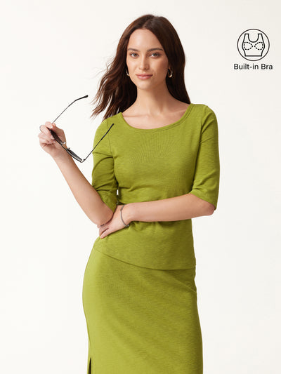 OGLmove Eco-Mousse® Round Neck Elbow Sleeve Bra Top Citrus Green XXS