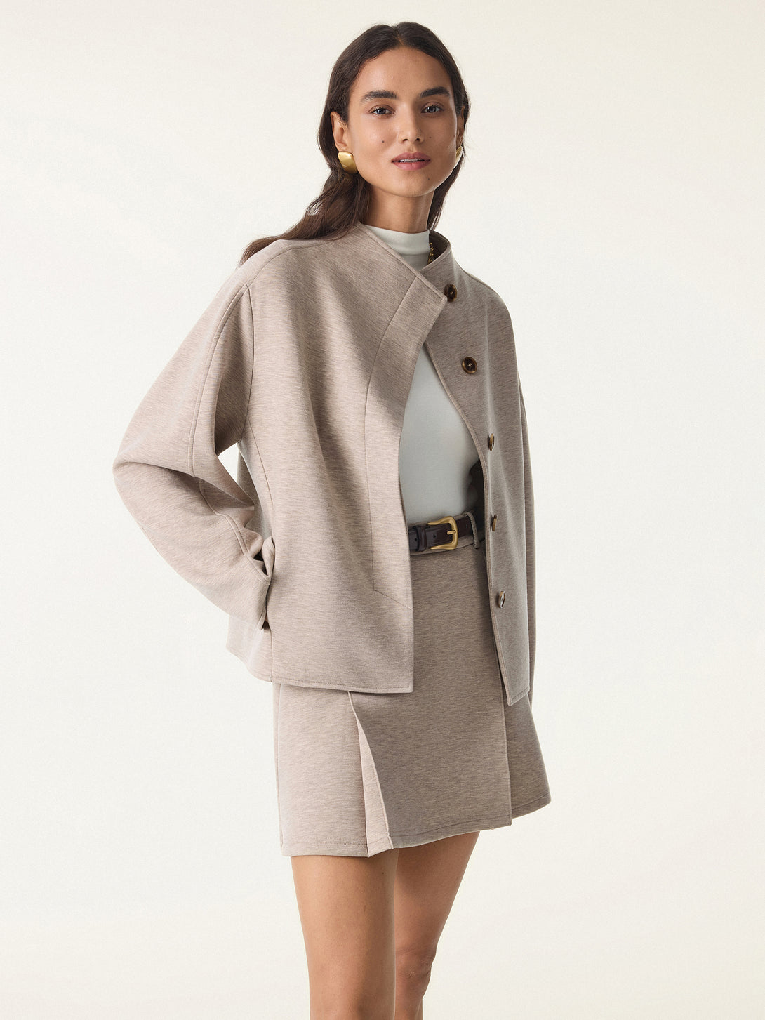 2Pcs Set Stand Collar Jacket & Double Waistband Straight Pants with Pockets