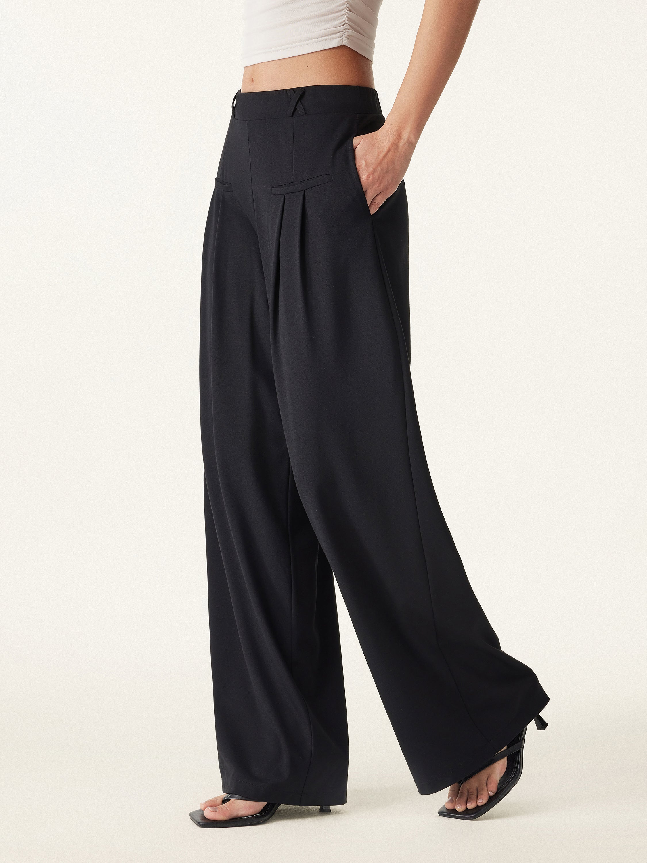 Ogl Drapey Bamboo Ponte Mid Rise Wide Leg Trouser with Pockets
