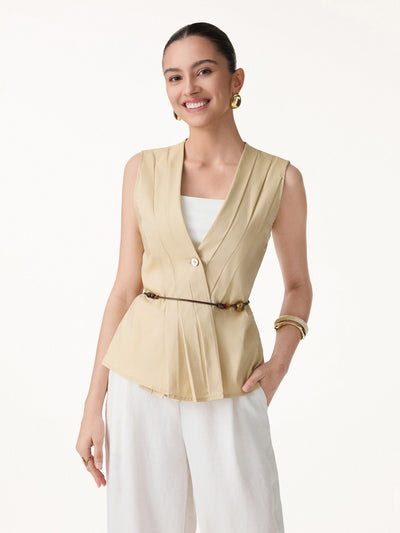 OGLmove Stretch Linen Blend Pleated Top Pine Beige XS