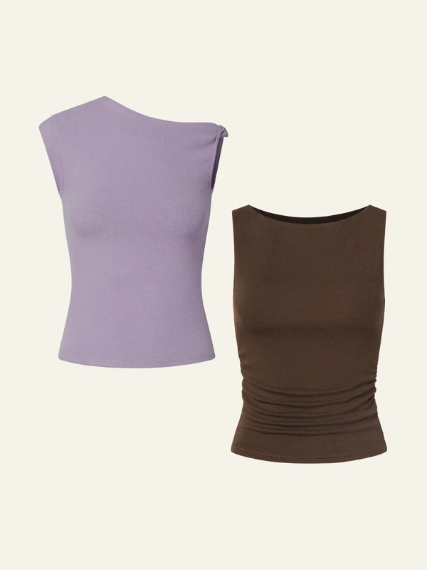 Eco-Mousse® Thermal Brushed Asymmetrical Tank Top & Boat-Neck Padded Tank Top 2Pcs Set