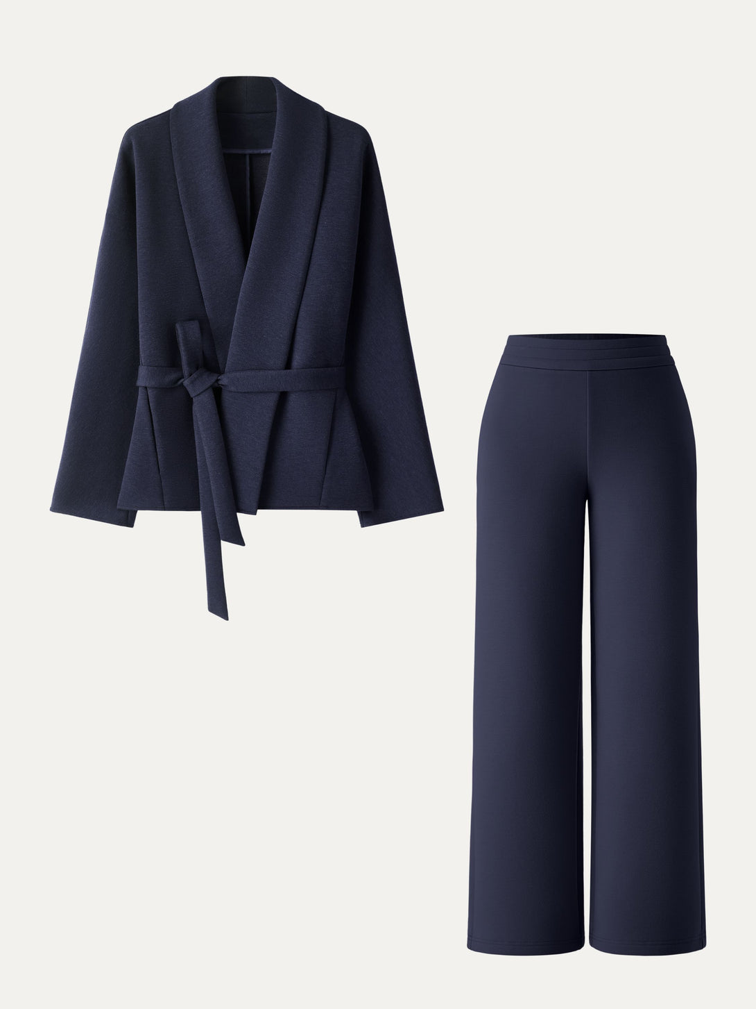 2Pcs Set Shawl Belted Outerwear & High Rise Straight Pull-on Pants with Pockets Universe Navy XS