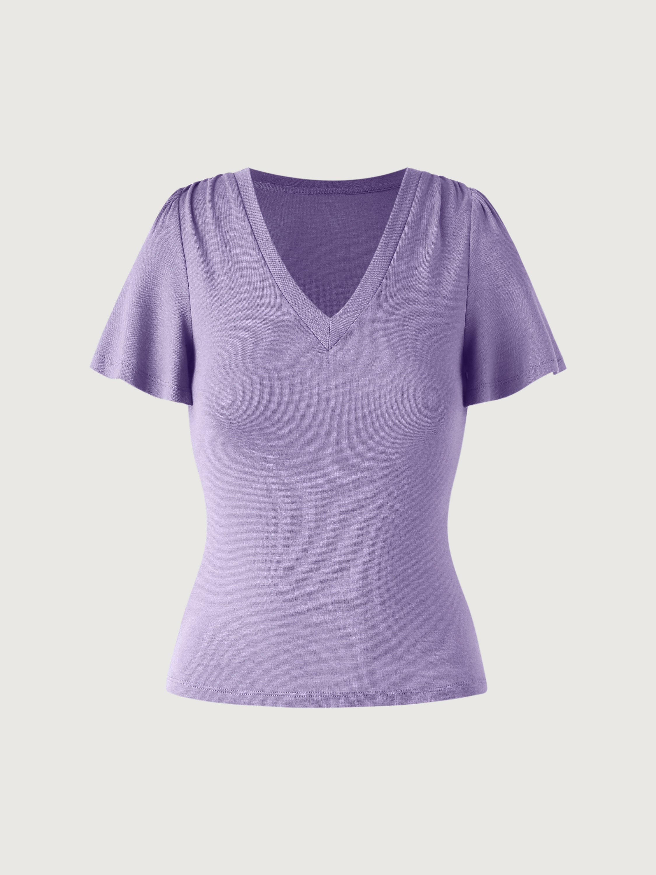 Tencel Wool V-Neck Ruffle Sleeve Tee - Ruby Violet