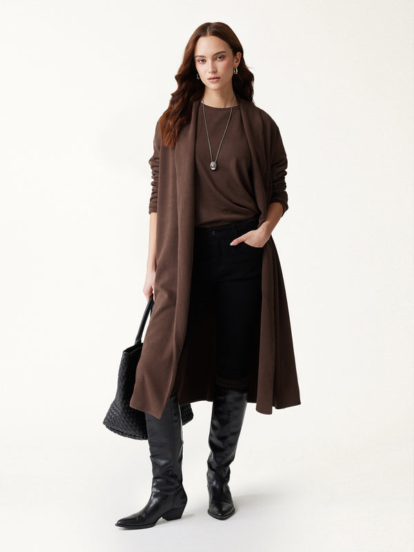 OGLmove 2Pcs Set MaxWarm Shawl Collar Long Sleeve Midi Cardigan with Pockets & Boatneck Long Sleeve Textured Top Walnut Brown XXS