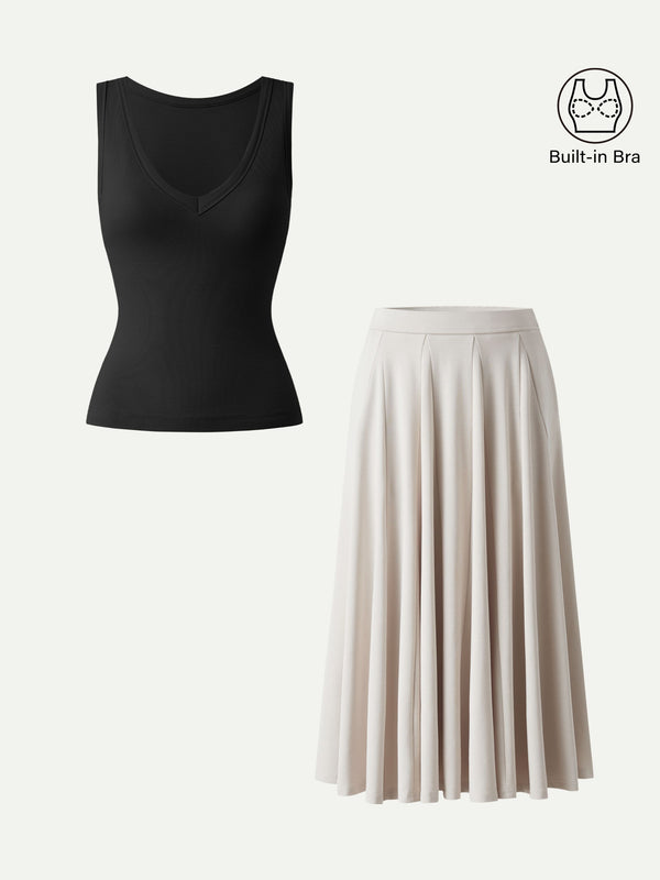OGLmove 2Pcs Set V-neck Bra Tank & Volume Skirt with Pockets