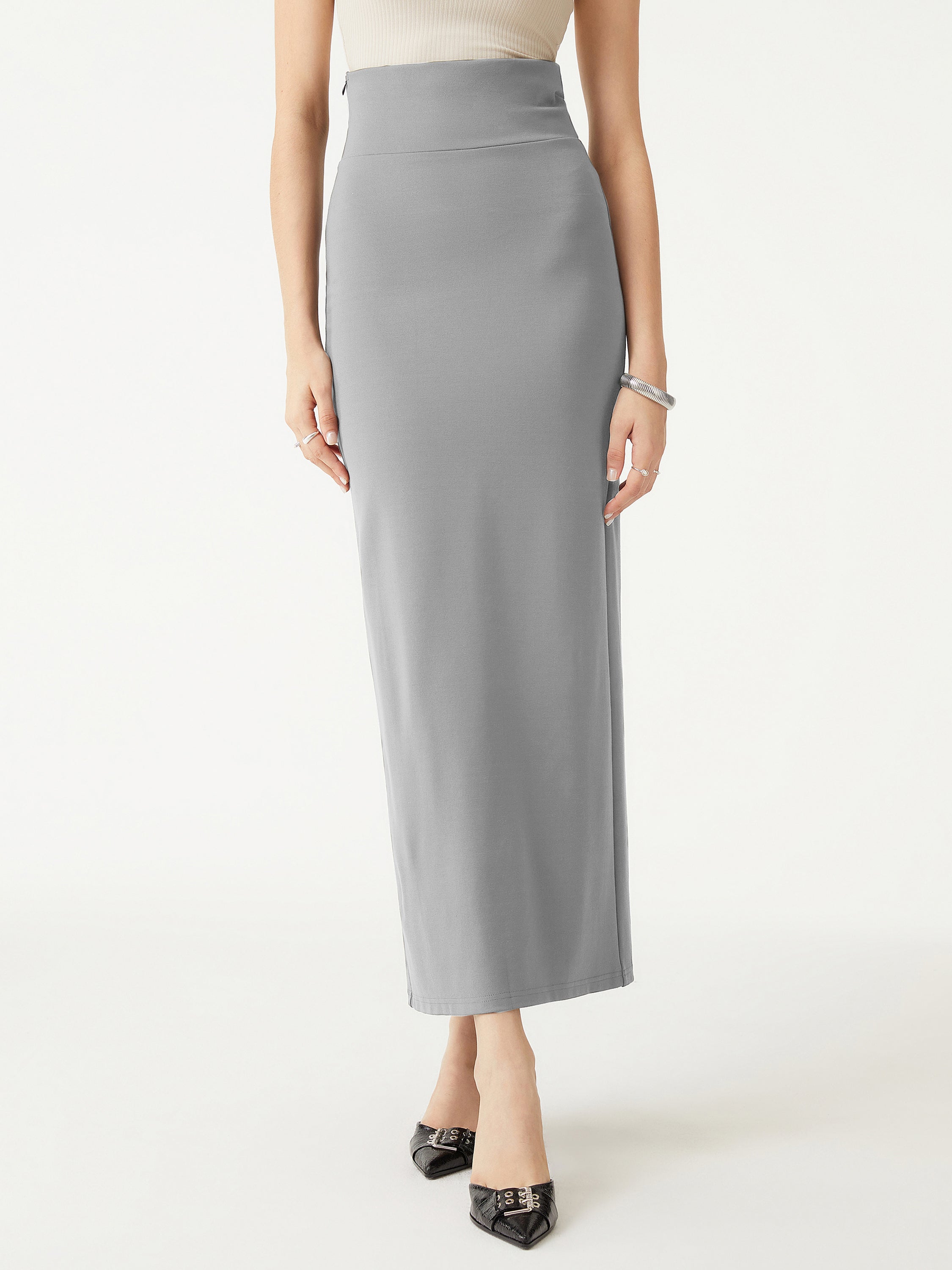 Super High Waist Column Skirt - Grey Steel