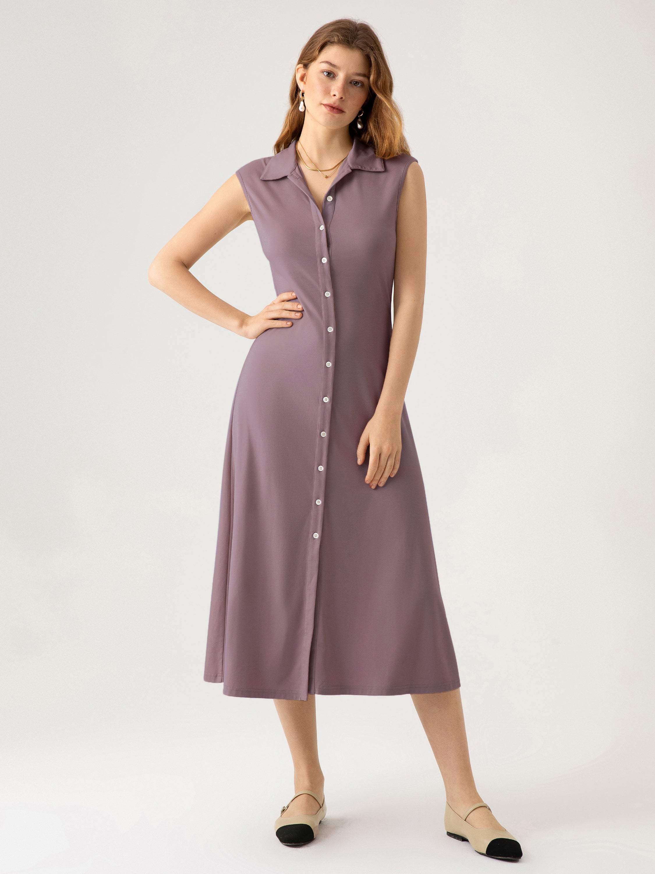 Cap Sleeve Shirt Dress - Taro Purple