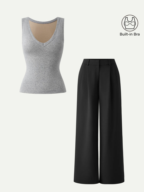 2Pcs Set V-neck Brami Tank & Wide Leg Pant with Pockets Heather Grey/Pure Black XS