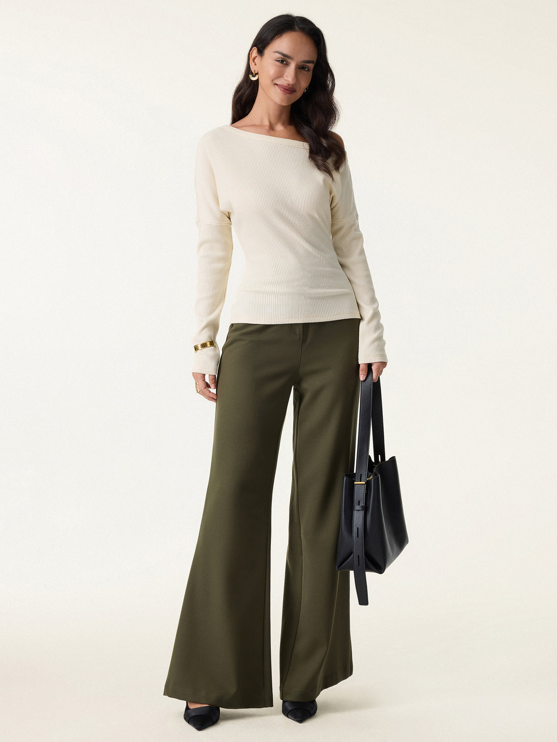 Ribbed Asymmetrical Neckline Long Sleeve Top