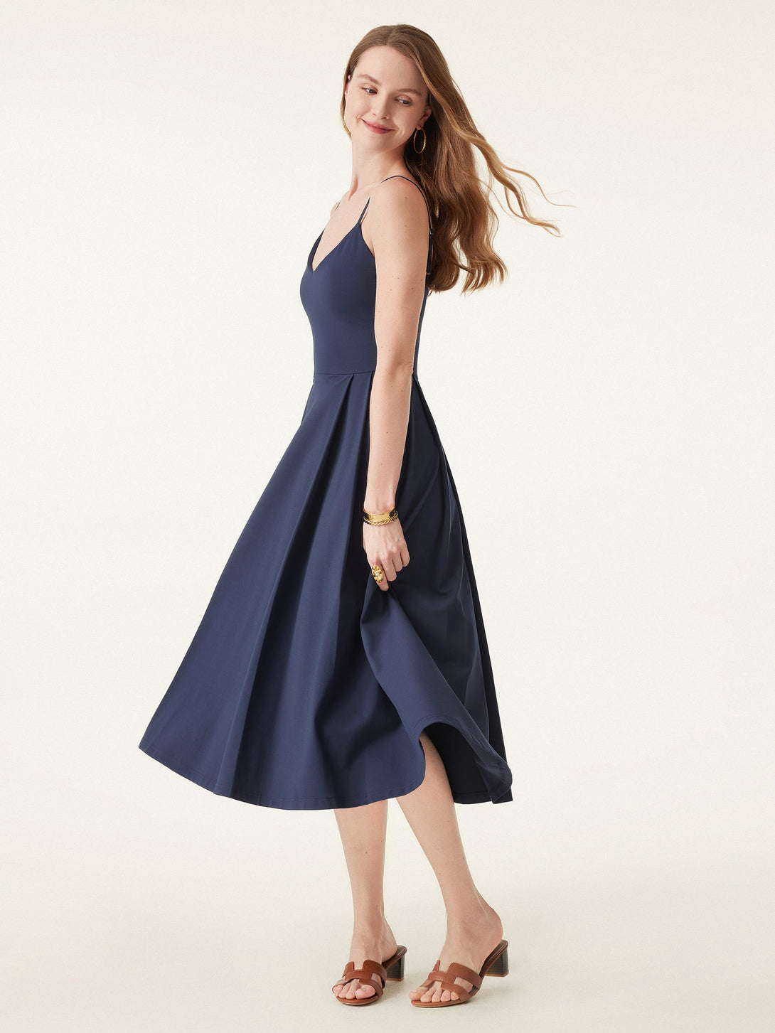 Bamboo Ponte V-neck Fit-and-flare Midi Brami Sundress with Pockets