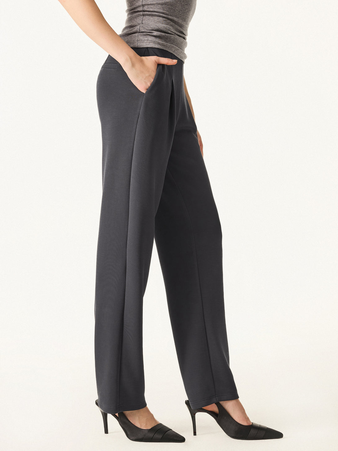 Sandwashed Spacer Mid Rise Straight Leg Pull-on Trousers with Pockets