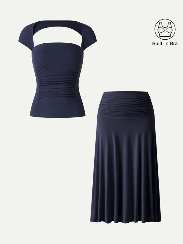 OGLmove 2Pcs Set Square Neck Cutout Back Bra Top & A-line Midi Skirt